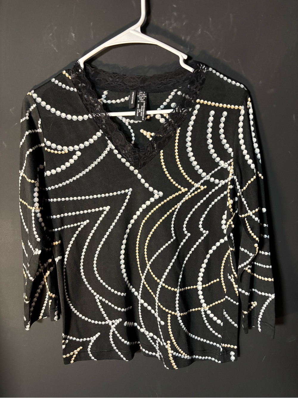 Lynn Ritchie Black Lace-Trim V-Neck Long Sleeve Top with Pearl Dot Swirl-small
